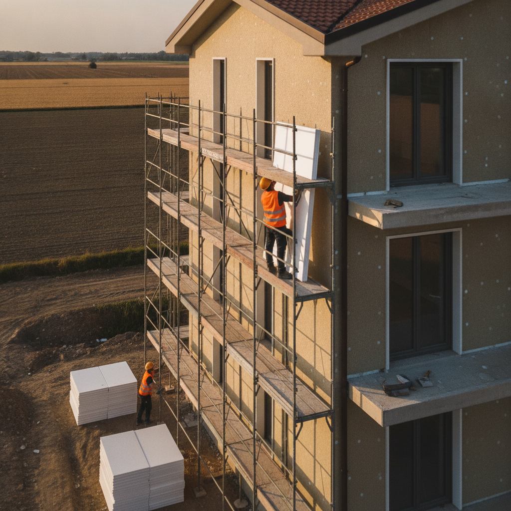 Posa del cappotto termico sulla facciata di una palazzina in costruzione