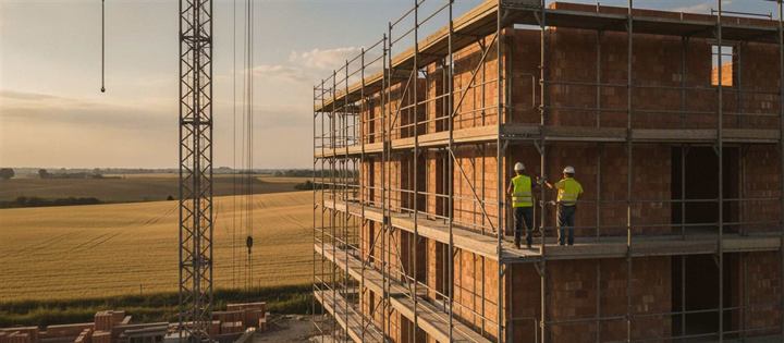 Gru di cantiere sopra una palazzina in costruzione, in pianura romagnola