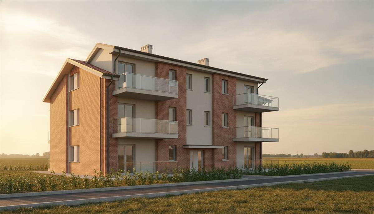 Palazzina residenziale nuova di tre piani in pianura romagnola, fotografata al tramonto