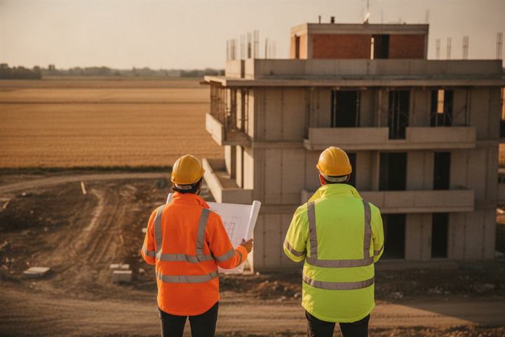 Due persone con il casco, riprese di spalle, durante un sopralluogo in cantiere
