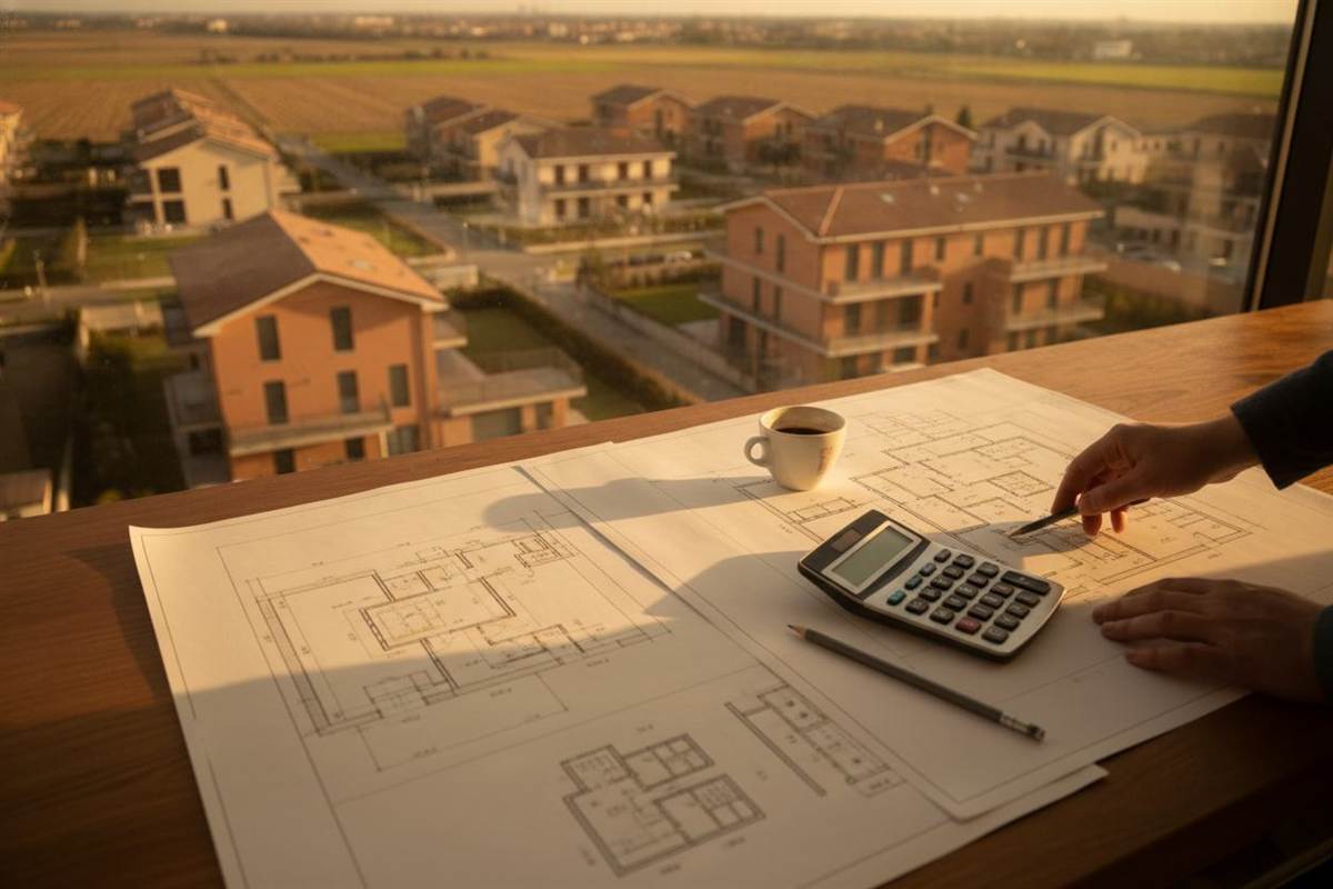 Tavolo di lavoro con planimetrie, computo metrico e calcolatrice