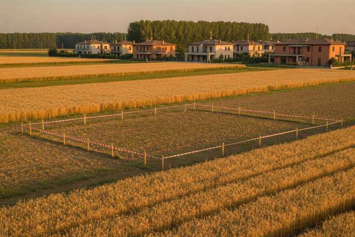 Lotto di terreno edificabile con i picchetti del rilievo topografico